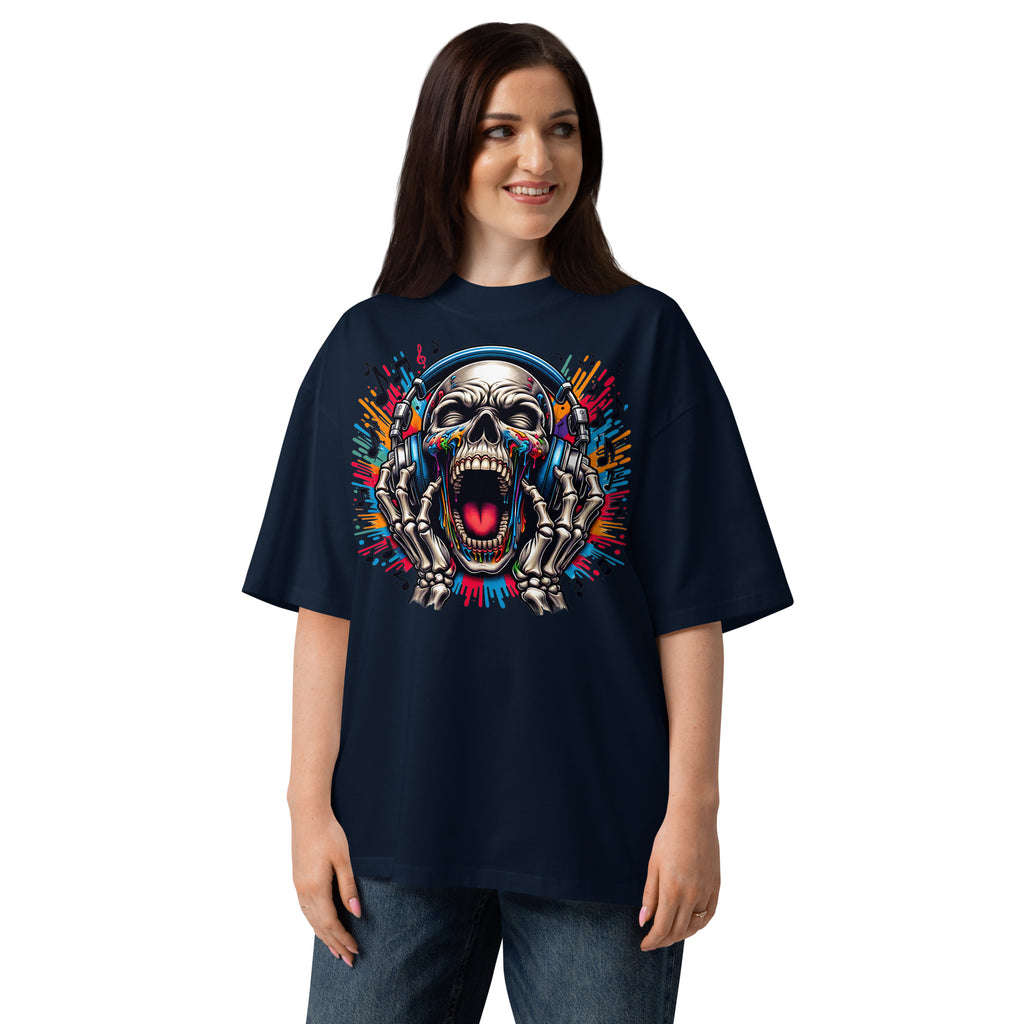 Screaming Skeleton Unisex organic oversized high neck t-shirt — French Navy — front