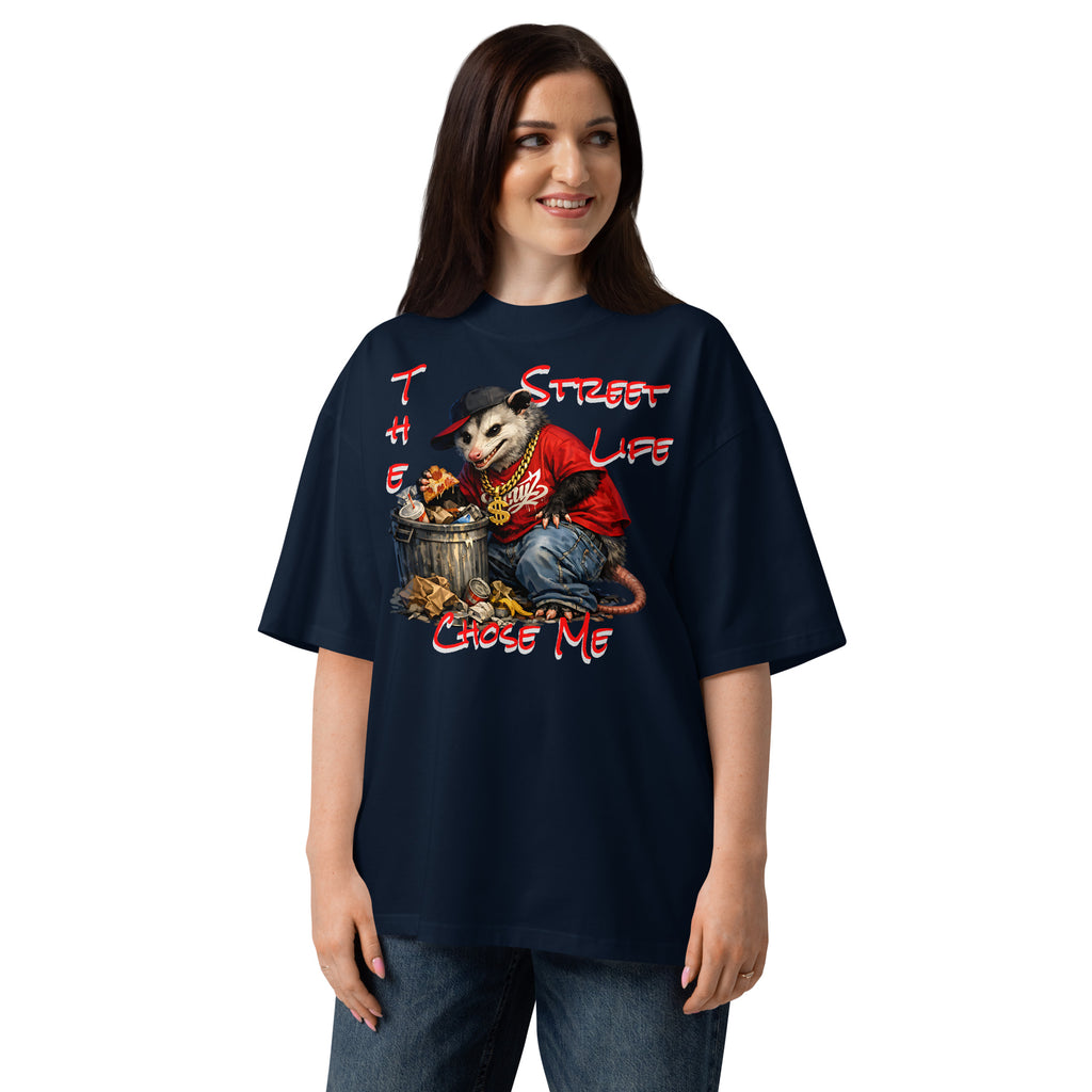 NY Possum Life Unisex organic oversized high neck t-shirt — French Navy — Women's model, front
