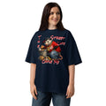 NY Possum Life Unisex organic oversized high neck t-shirt — French Navy — Women's model, front