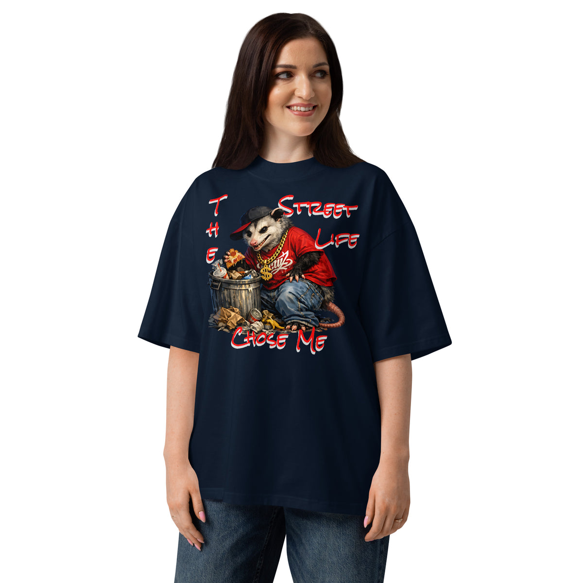 NY Possum Life Unisex organic oversized high neck t-shirt — French Navy — Women's model, front