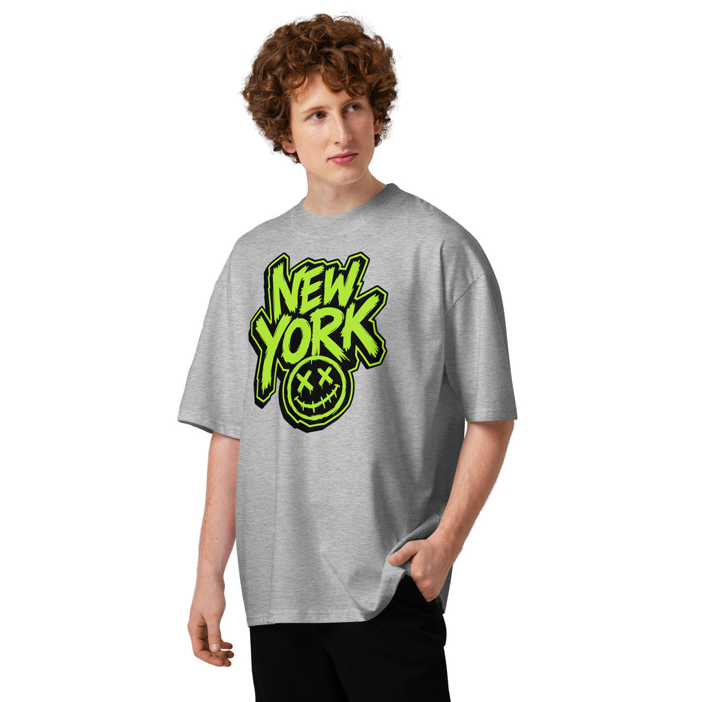 NY Smiles Unisex organic oversized high neck t-shirt — Heather Grey — front