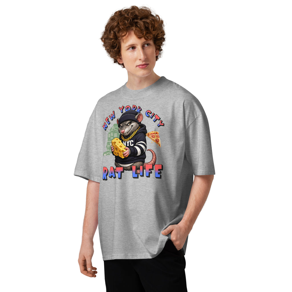 NYC Rat Life Unisex organic oversized high neck t-shirt — Heather Grey — front