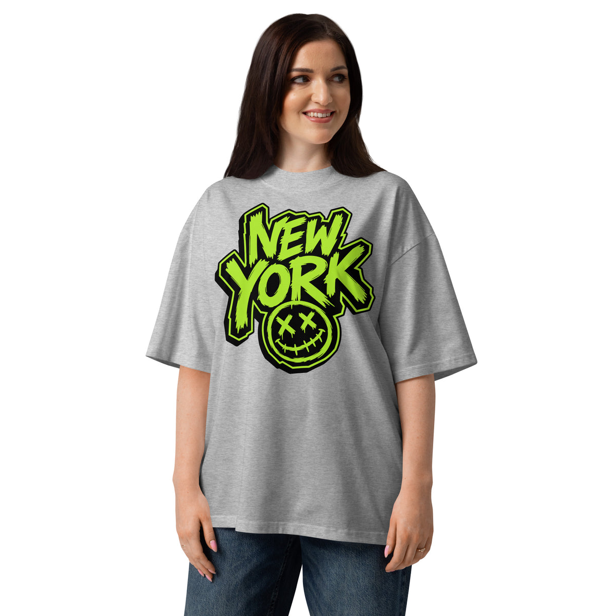 NY Smiles Unisex organic oversized high neck t-shirt — Heather Grey — Women's model, front