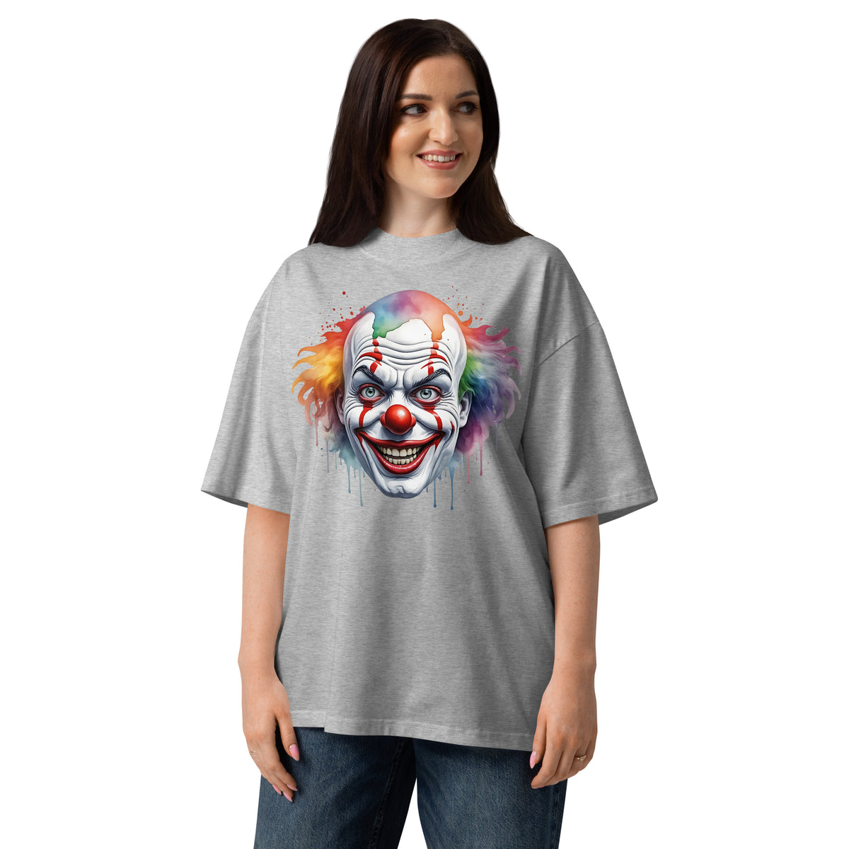 Painted Clown Unisex organic oversized high neck t-shirt — Heather Grey — Women's model, front