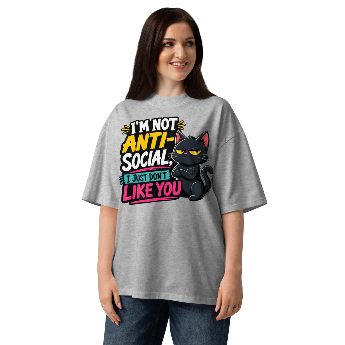 Anti Social Kitty Unisex organic oversized high neck t-shirt — Heather Grey — front