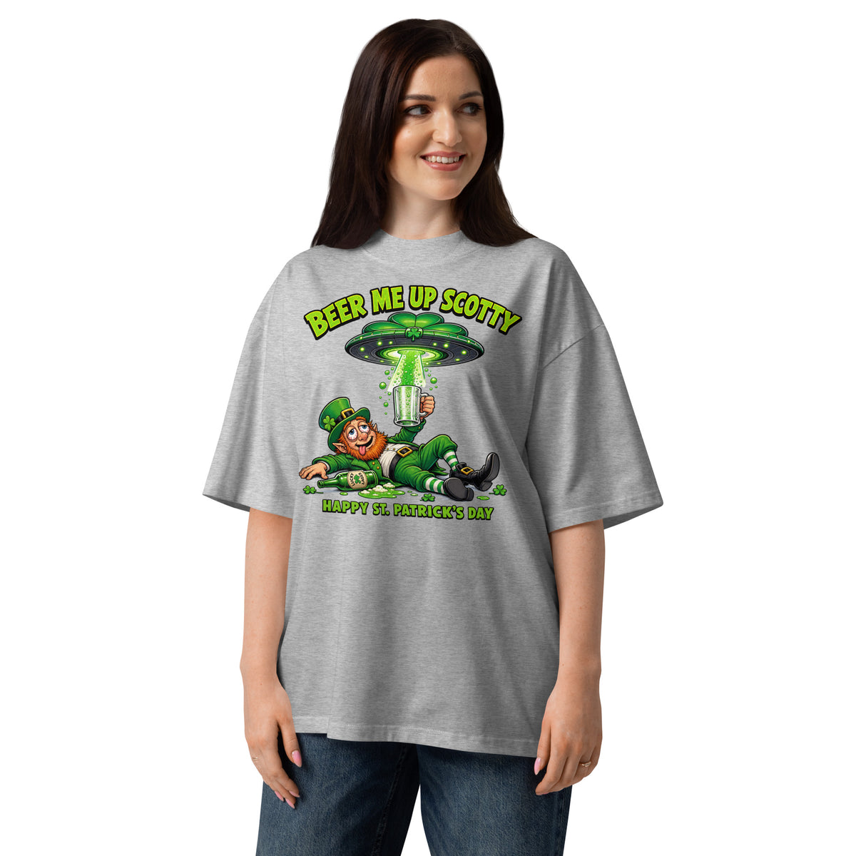 Beer Me Up St Pats Day Unisex organic oversized high neck t-shirt — Heather Grey — front