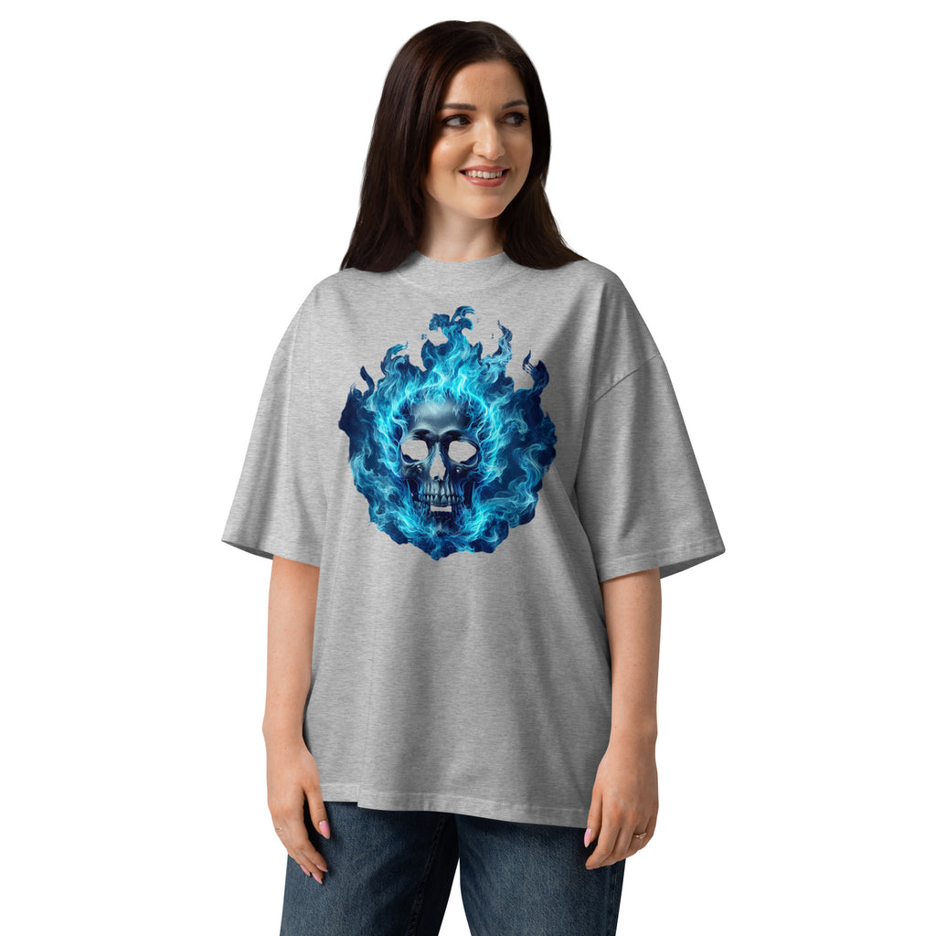 Blue flaming skull Unisex organic oversized high neck t-shirt — Heather Grey — front