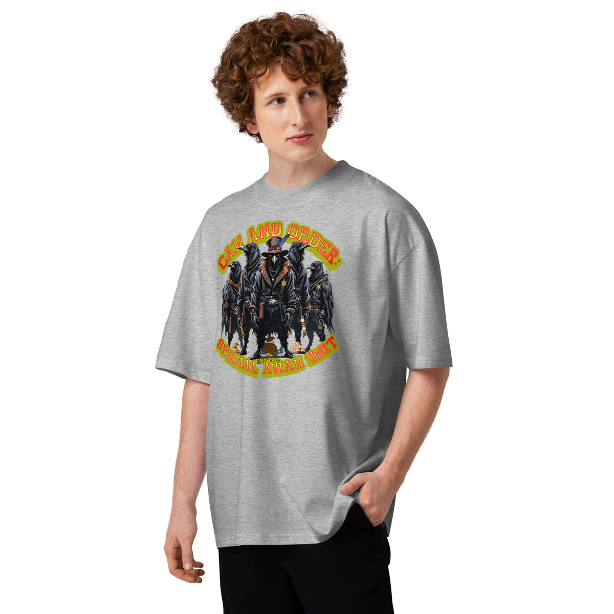 Caw and Order Special Avian Unit Unisex organic oversized high neck t-shirt — Heather Grey — front