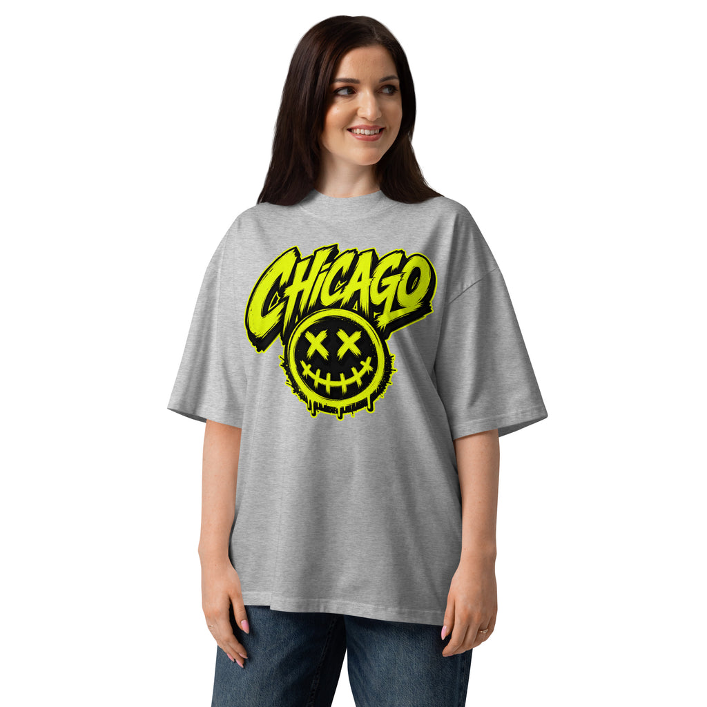 Chicago Smiles Unisex organic oversized high neck t-shirt — Heather Grey — front