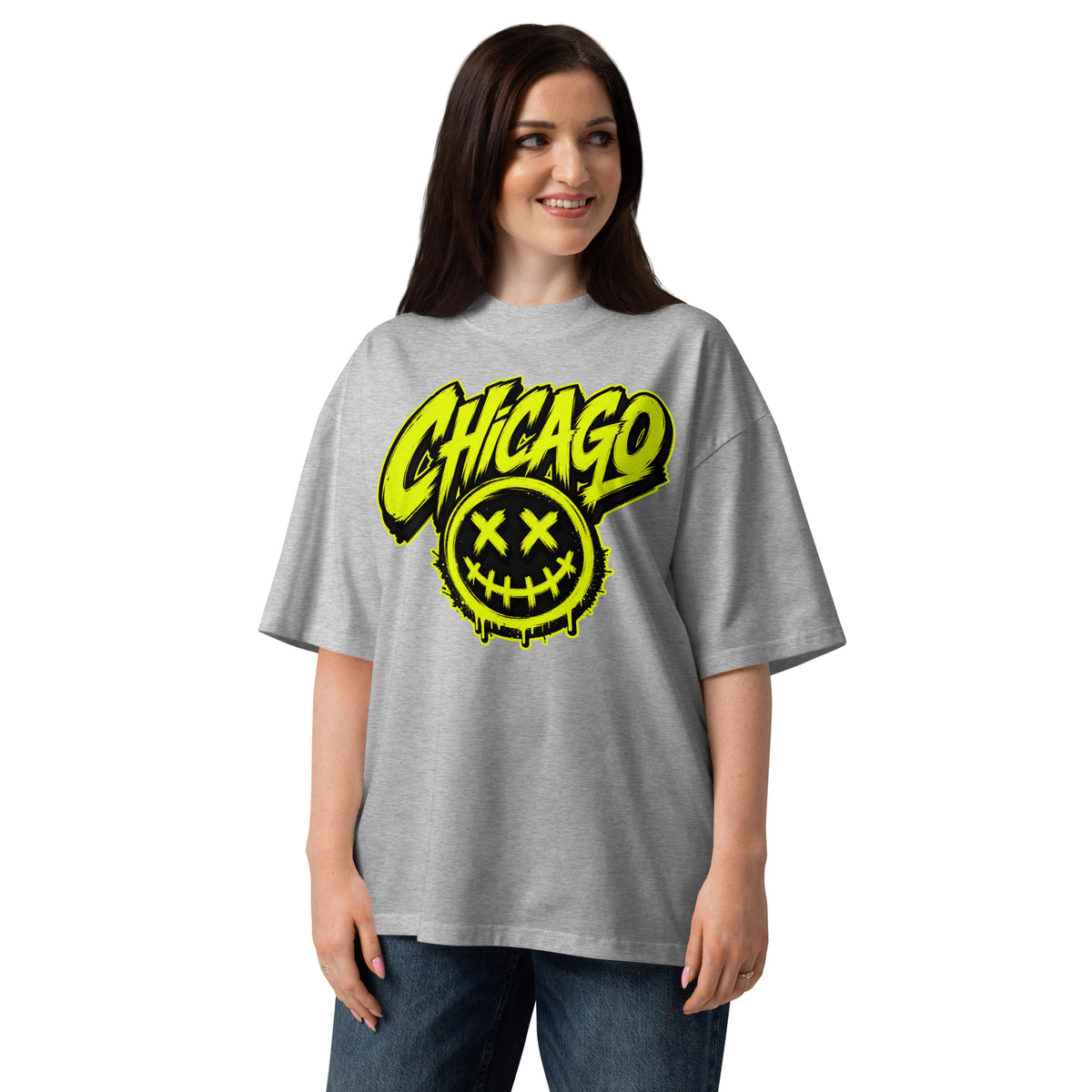 Chicago Smiles Unisex organic oversized high neck t-shirt — Heather Grey — front