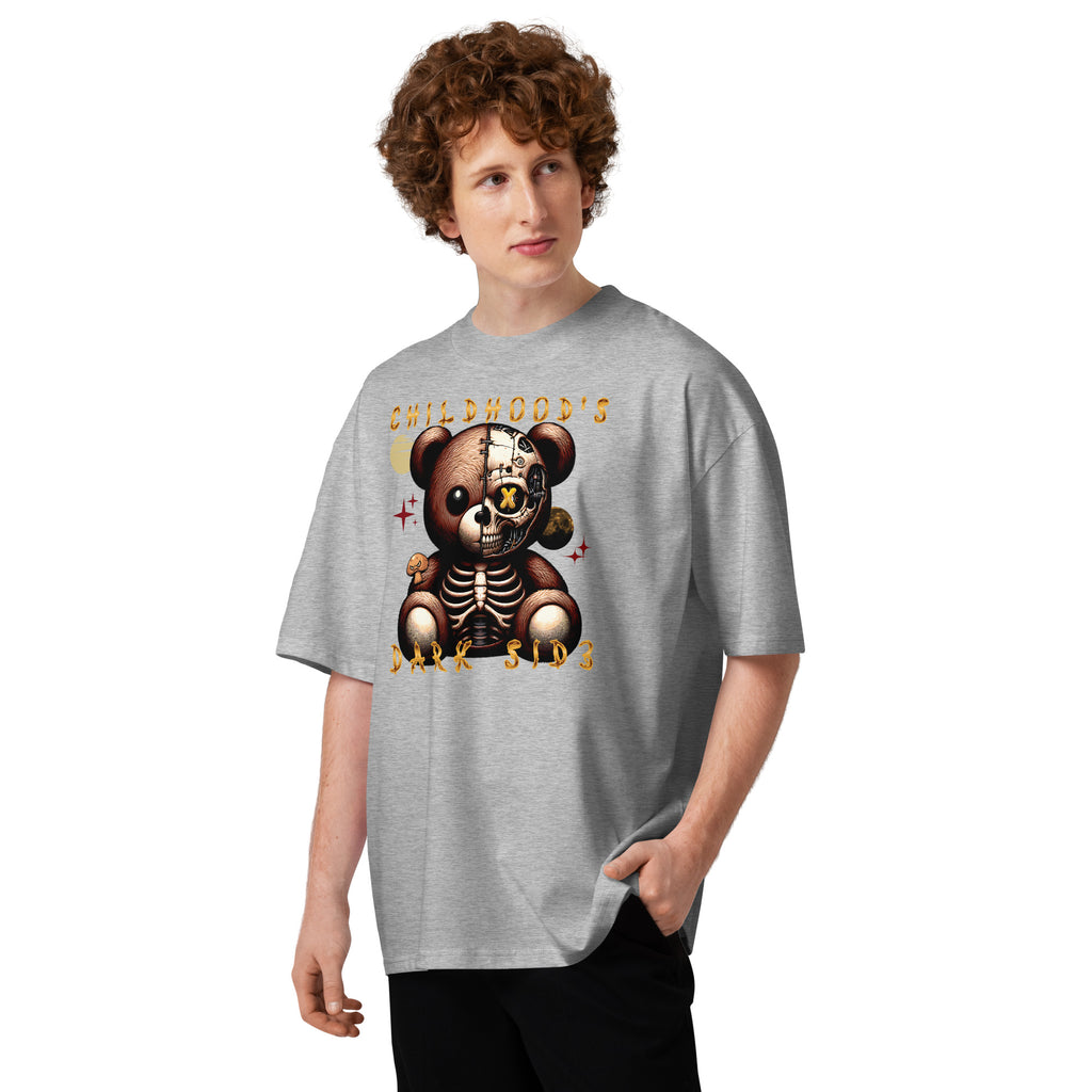 Childhood’s Dark Side Bear Series 0003 Unisex organic oversized high neck t-shirt — Heather Grey — front