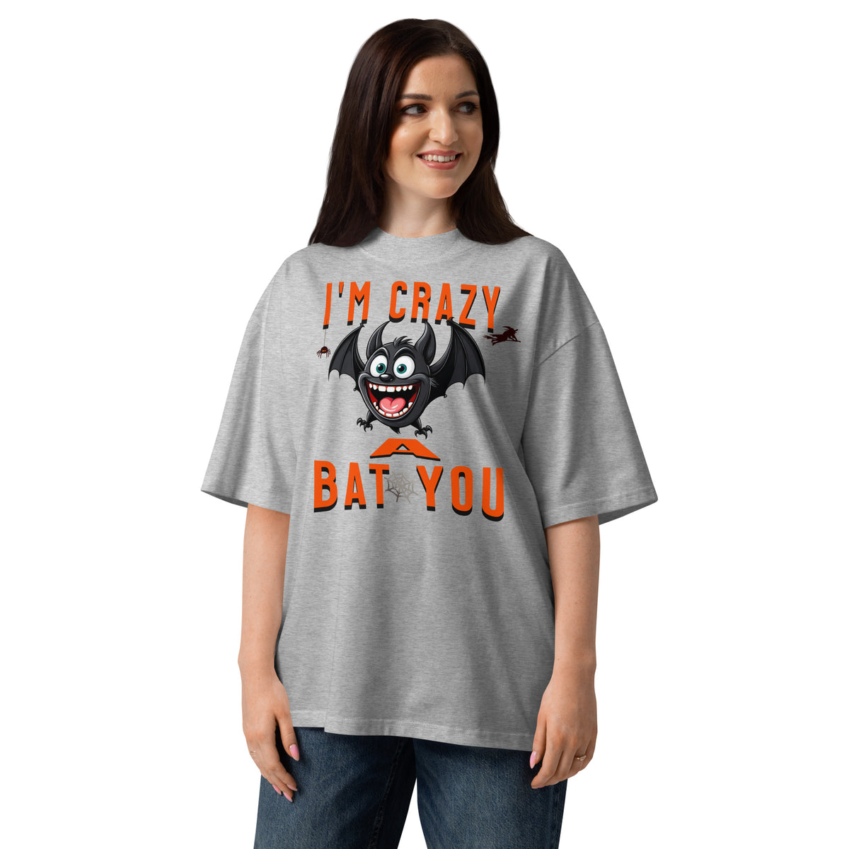 Crazy Bat You Unisex organic oversized high neck t-shirt — Heather Grey — front
