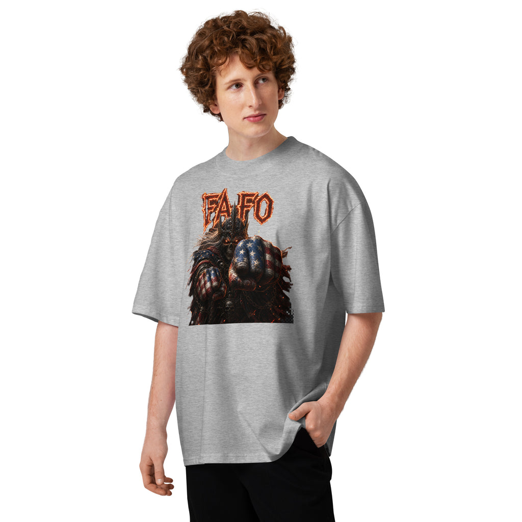 Dark FAFO Unisex organic oversized high neck t-shirt — Heather Grey — front