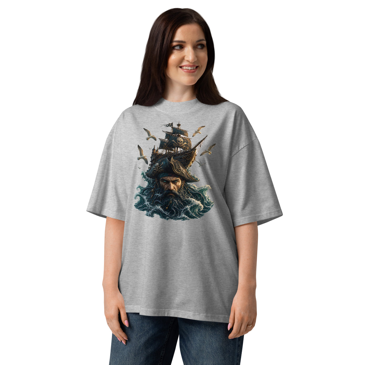 Dead Waters Unisex organic oversized high neck t-shirt — Heather Grey — front