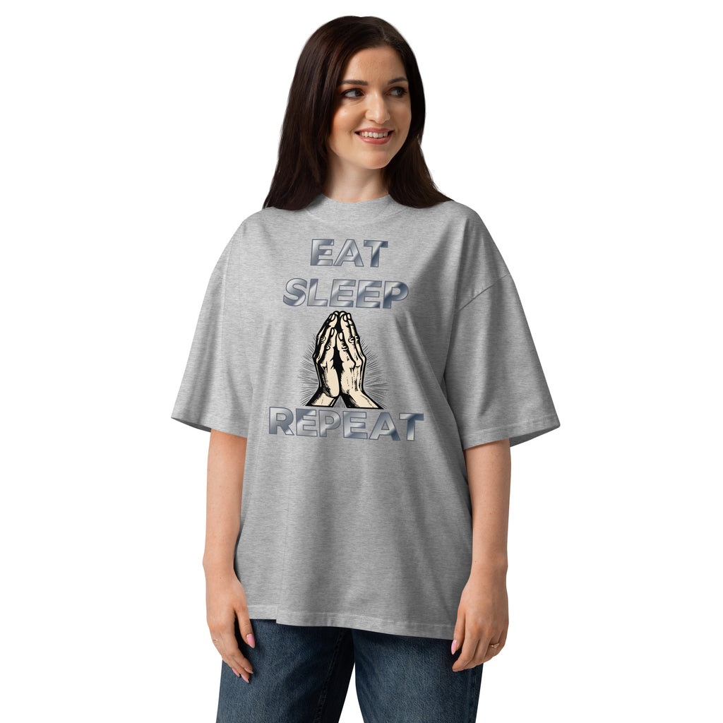 Eat sleep pray Unisex organic oversized high neck t-shirt — Heather Grey — front