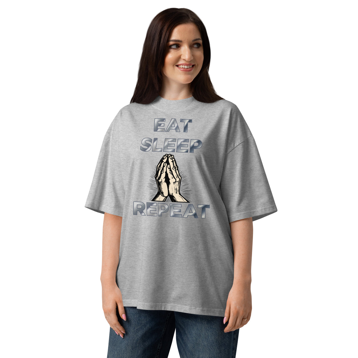 Eat sleep pray Unisex organic oversized high neck t-shirt — Heather Grey — front