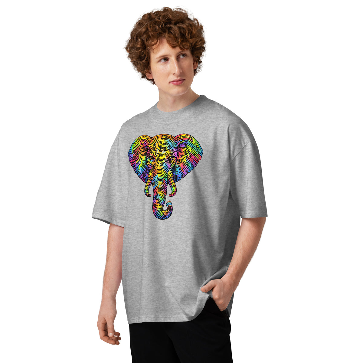 Elephant Face Maze Unisex organic oversized high neck t-shirt — Heather Grey — front