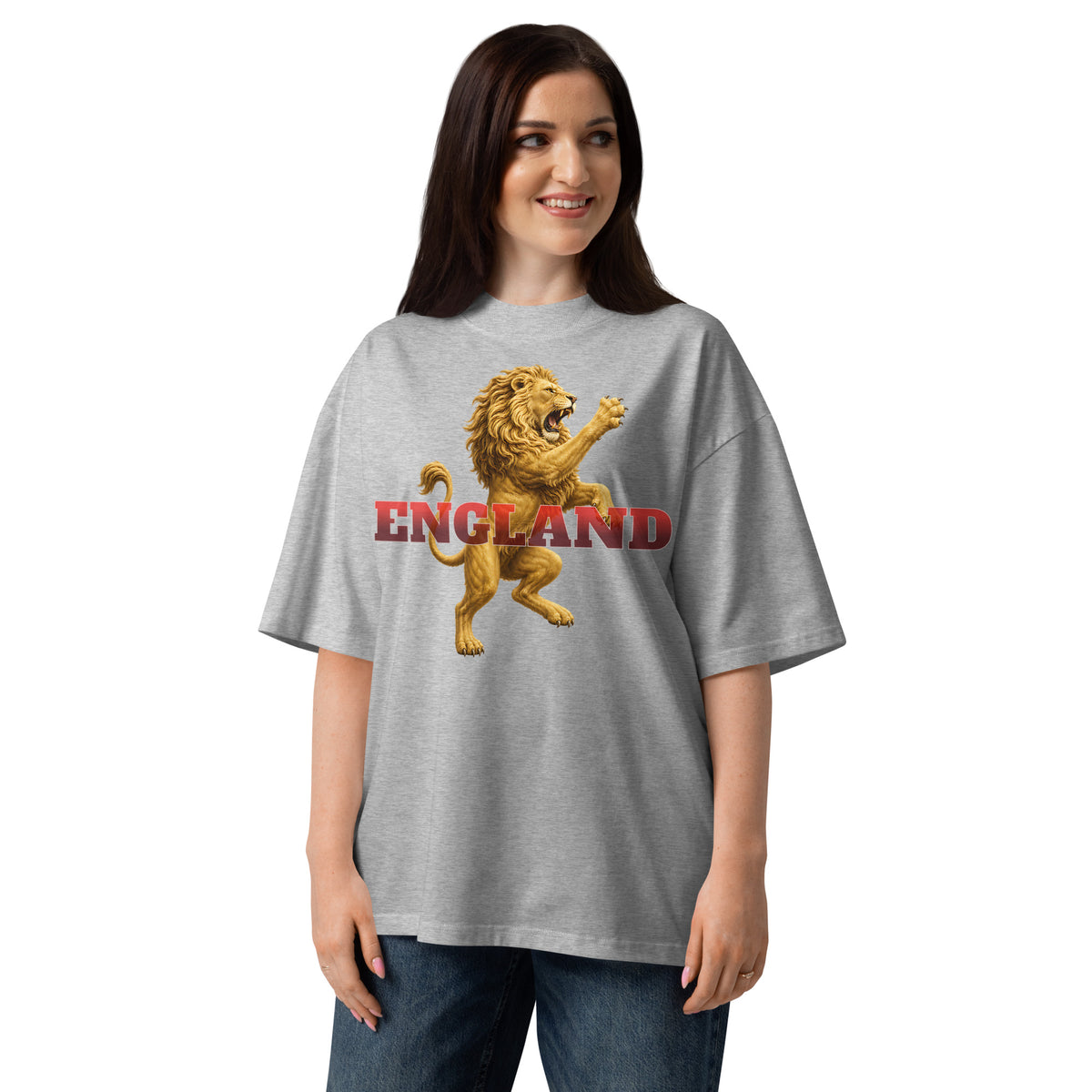 England Lion Unisex organic oversized high neck t-shirt — Heather Grey — front