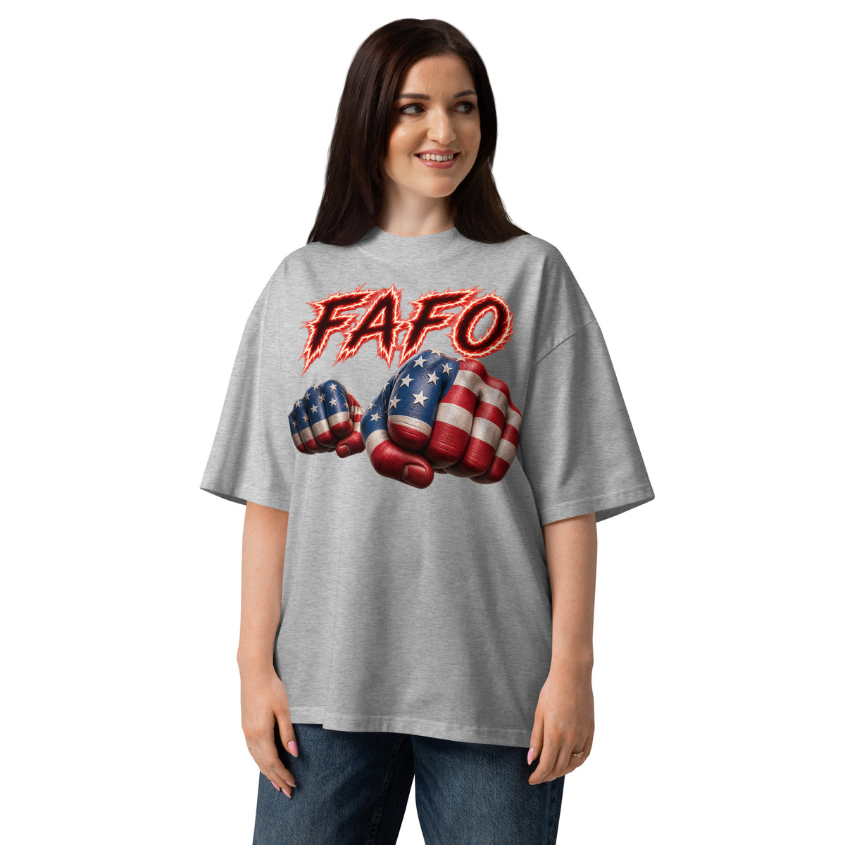 FAFO Fist Unisex organic oversized high neck t-shirt — Heather Grey — front
