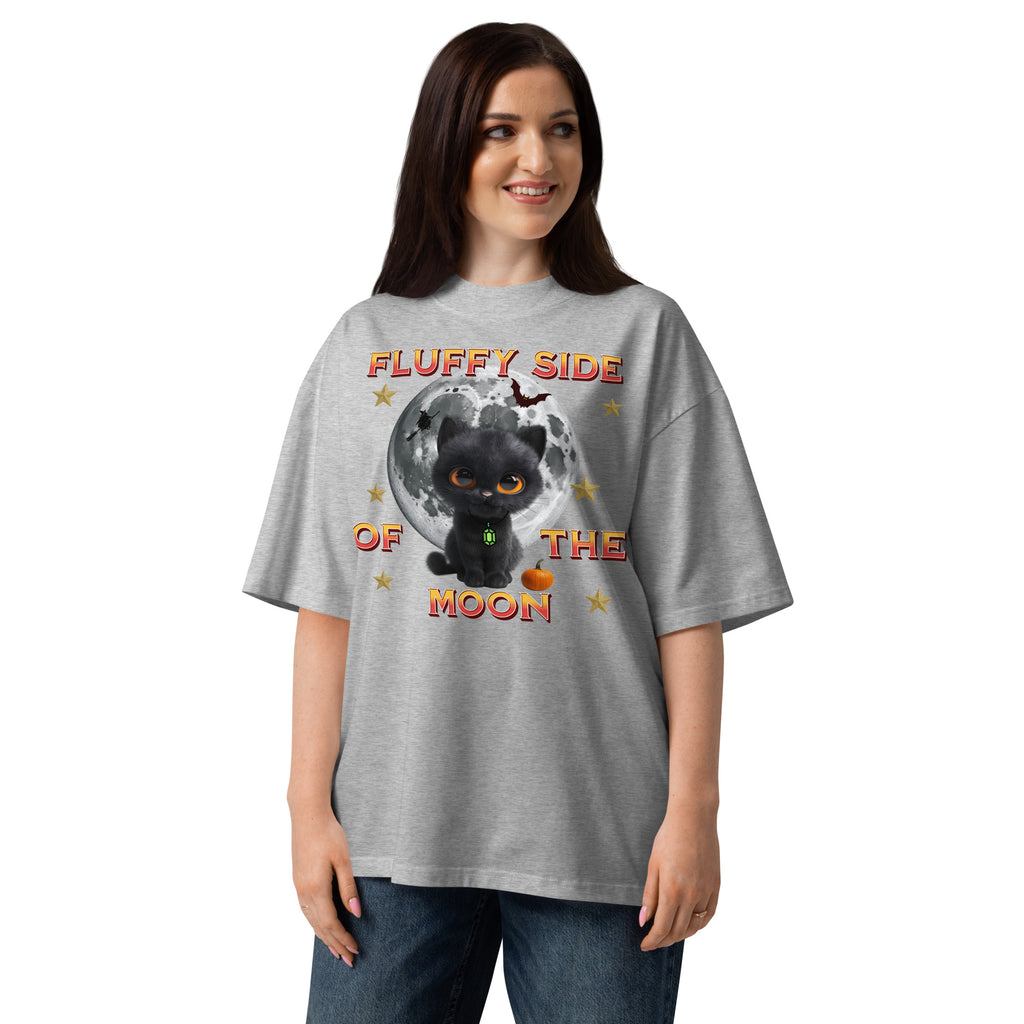 Fluffy Halloween Kitty Unisex organic oversized high neck t-shirt — Heather Grey — front