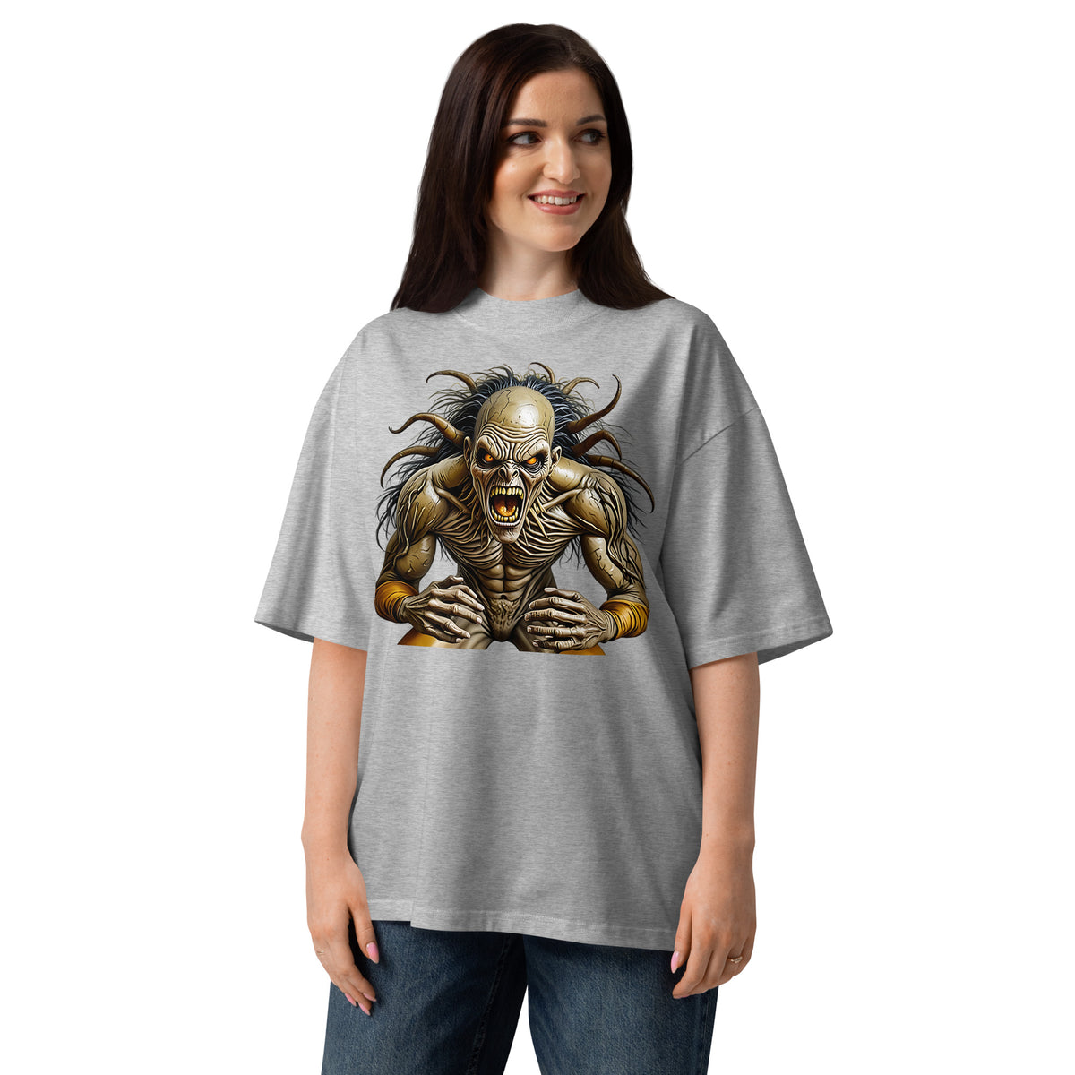 Frenzy Unisex organic oversized high neck t-shirt — Heather Grey — front