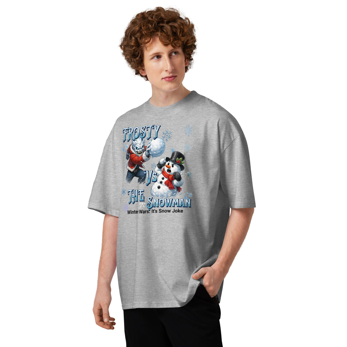 Frosty Vs The Snowman Unisex organic oversized high neck t-shirt — Heather Grey — front