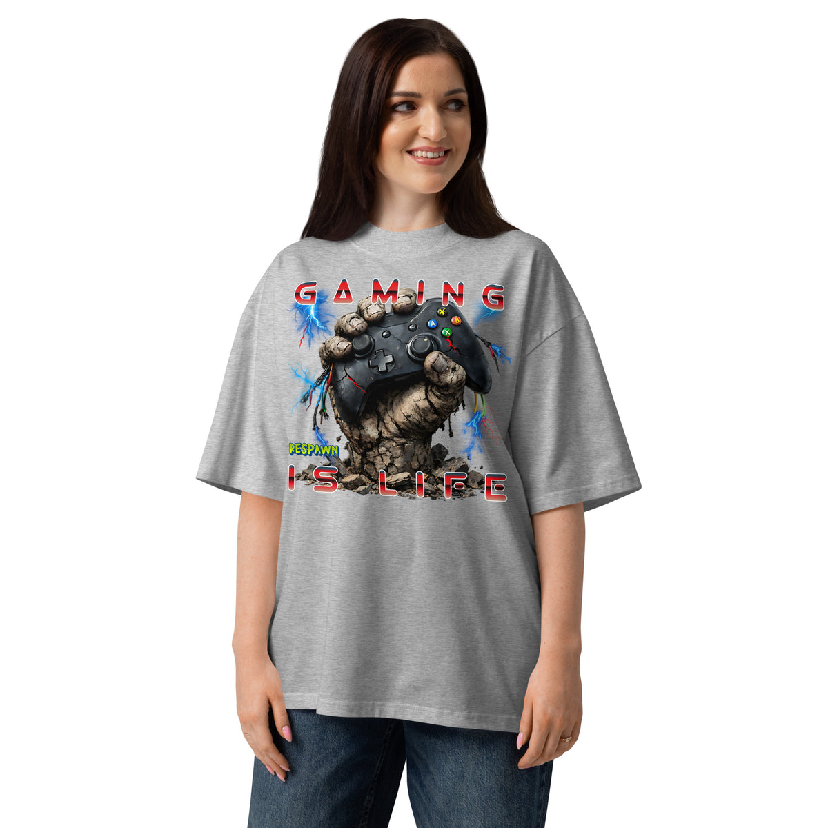 Gaming Is Life Unisex organic oversized high neck t-shirt — Heather Grey — front