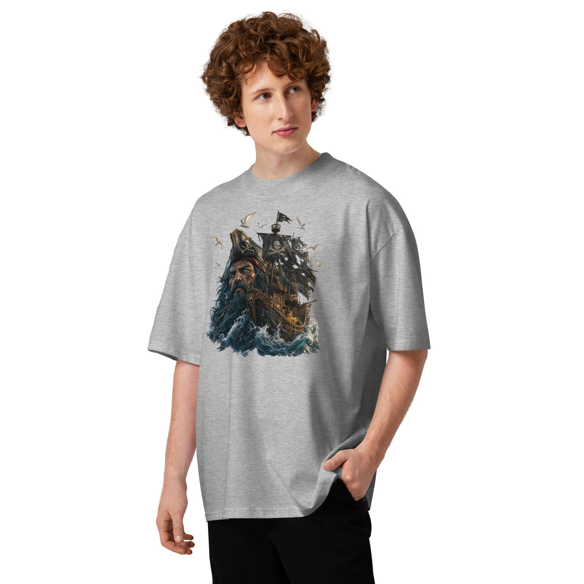 Ghost Ship Unisex organic oversized high neck t-shirt — Heather Grey — front