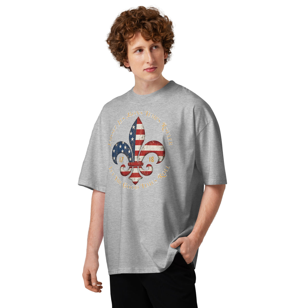 Good Times NOLA Unisex organic oversized high neck t-shirt — Heather Grey — front