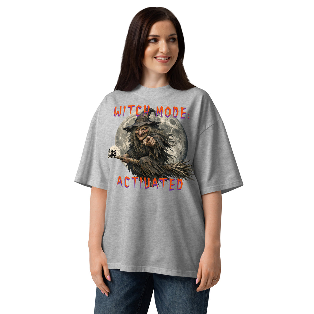 Halloween Witch Mode Unisex organic oversized high neck t-shirt — Heather Grey — front