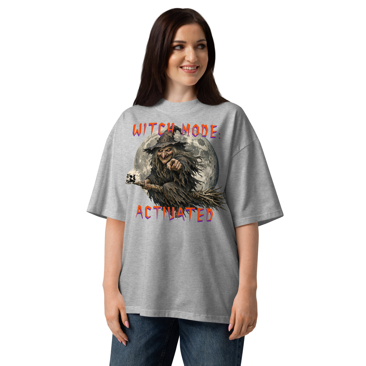 Halloween Witch Mode Unisex organic oversized high neck t-shirt — Heather Grey — front