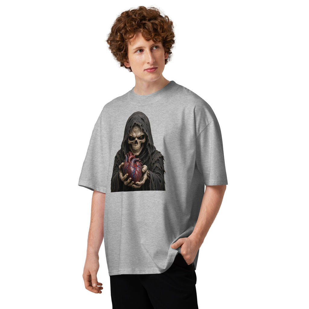 Have A Heart Skeleton Unisex organic oversized high neck t-shirt — Heather Grey — front