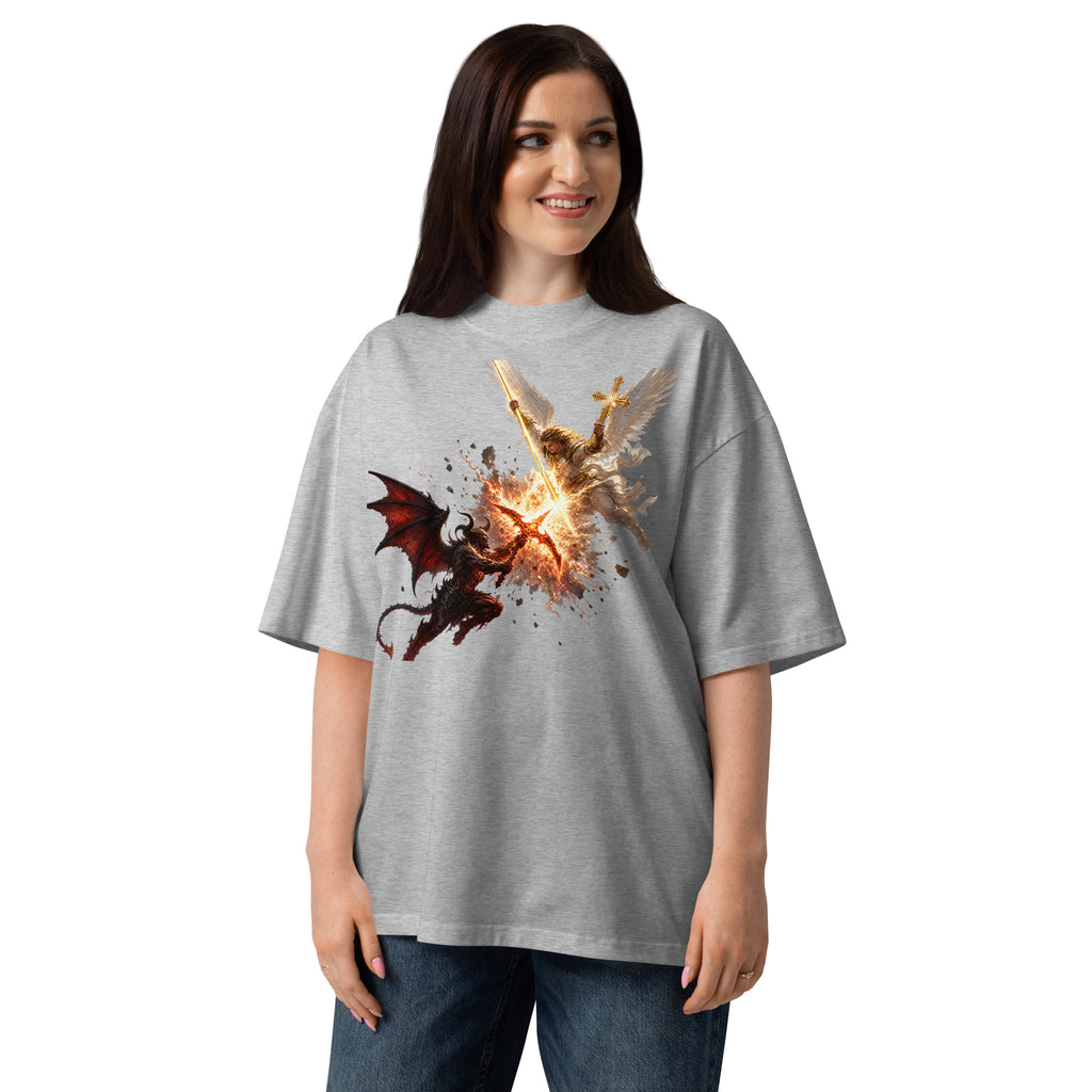 Heaven and Hell Unisex organic oversized high neck t-shirt — Heather Grey — front