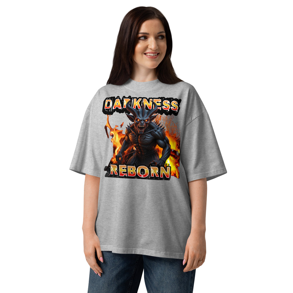 Hellfire Reborn Beast Unisex organic oversized high neck t-shirt — Heather Grey — front