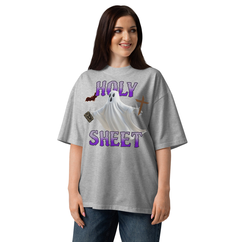 Holy Sheet Unisex organic oversized high neck t-shirt — Heather Grey — front