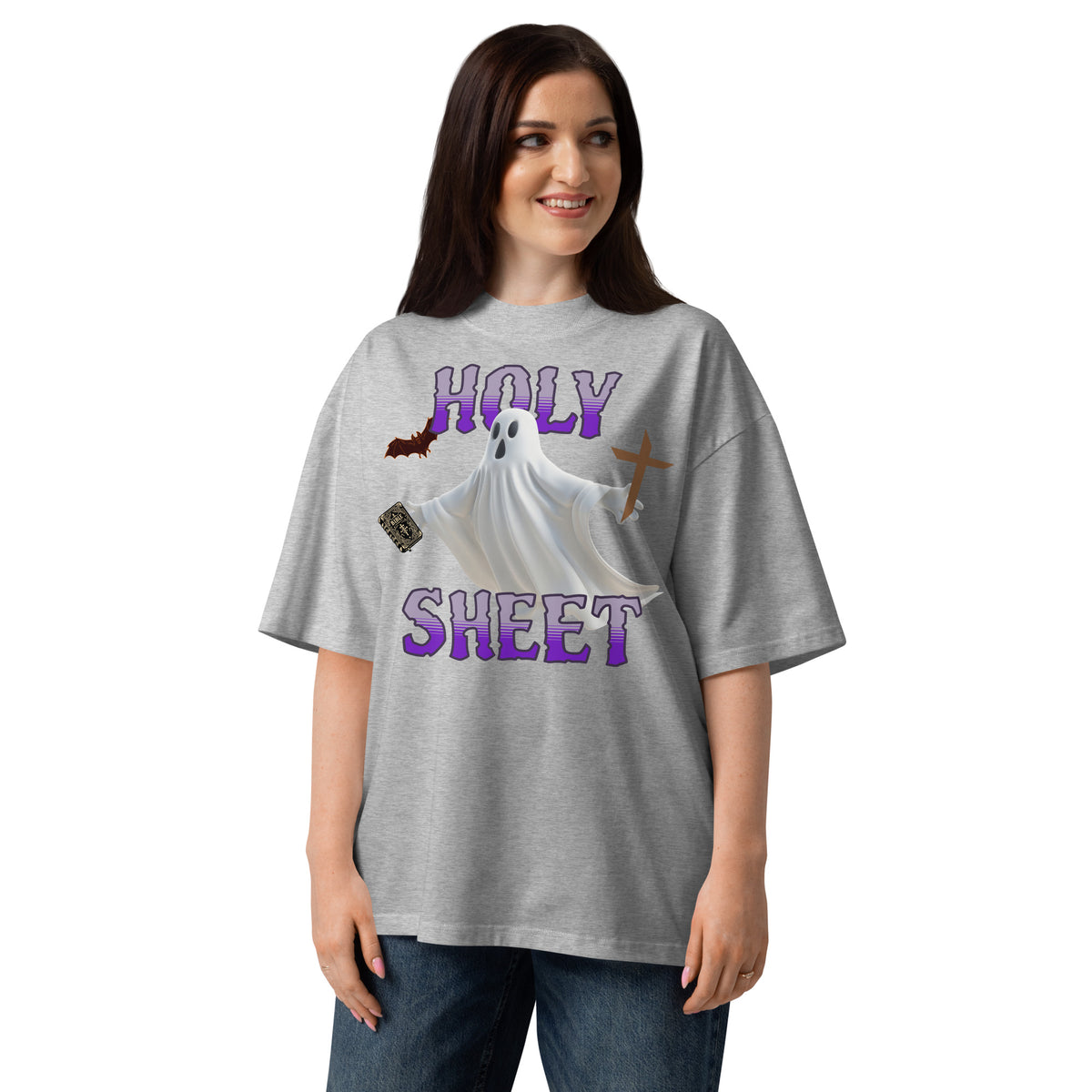 Holy Sheet Unisex organic oversized high neck t-shirt — Heather Grey — front