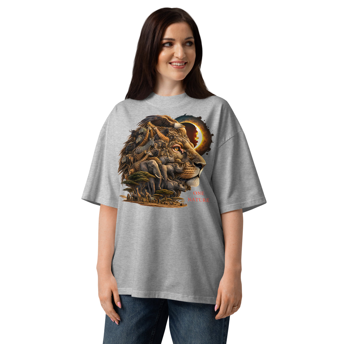 Illusions Lion Unisex organic oversized high neck t-shirt — Heather Grey — front