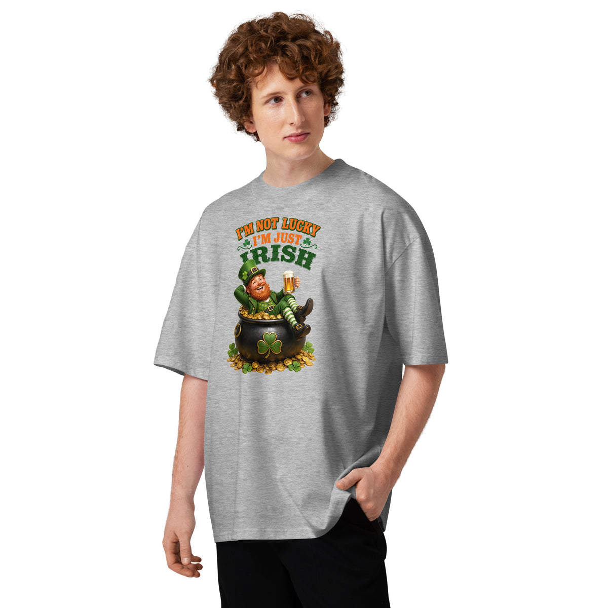 I’m Just Irish Unisex organic oversized high neck t-shirt — Heather Grey — front