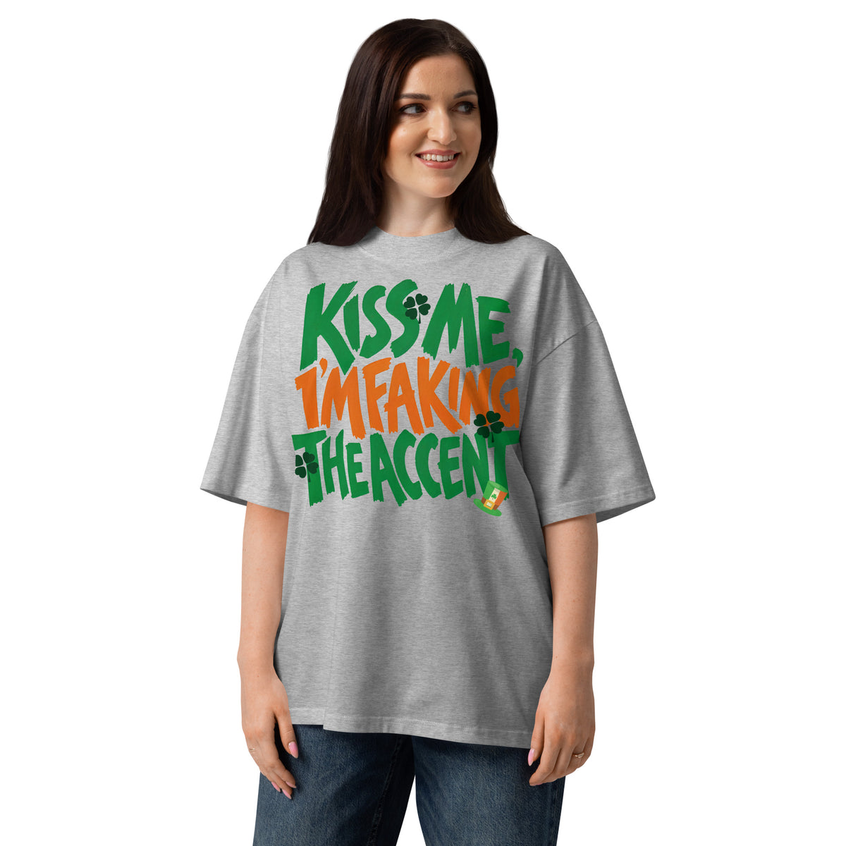 Kiss Me Faking Accent Unisex organic oversized high neck t-shirt — Heather Grey — front