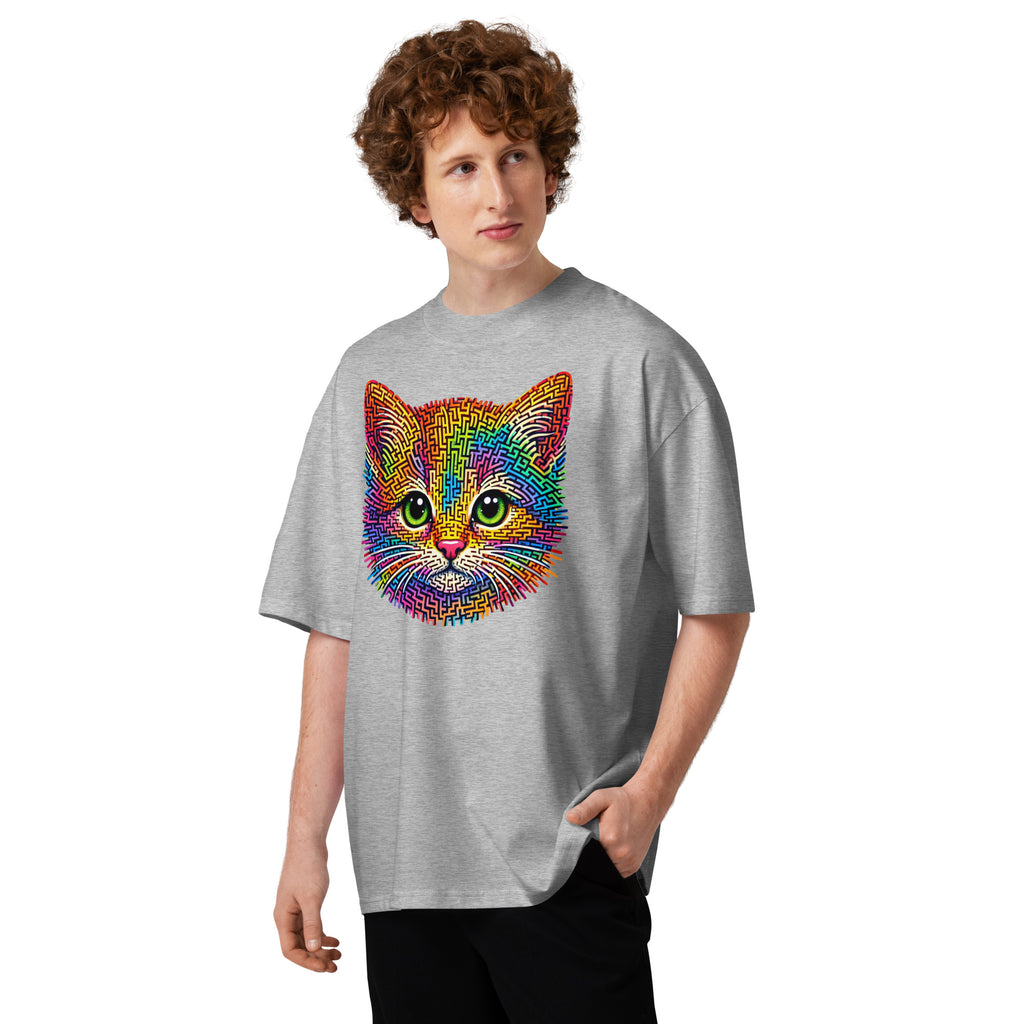 Kitten Face Maze Unisex organic oversized high neck t-shirt — Heather Grey — front