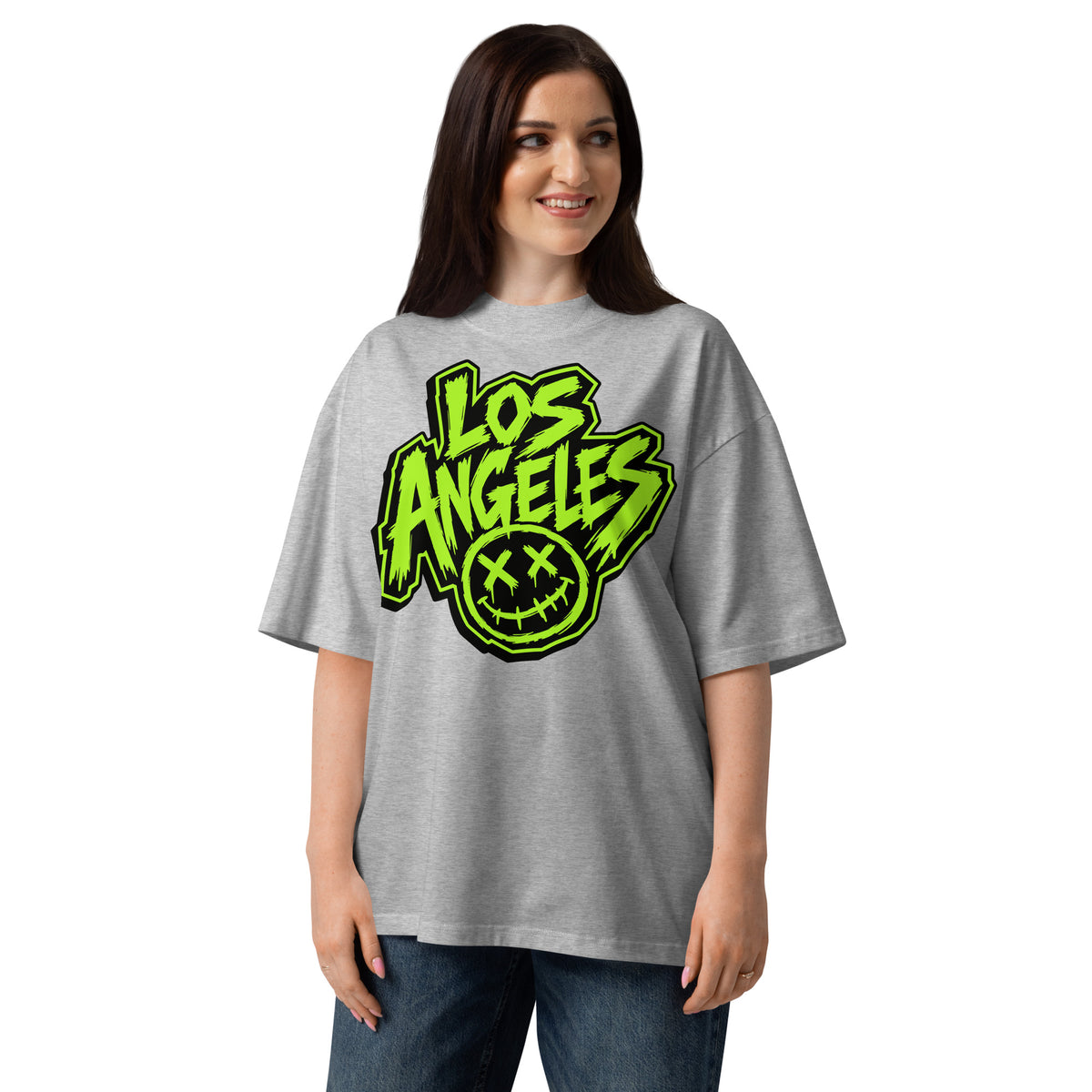 LA Smiles Unisex organic oversized high neck t-shirt — Heather Grey — front