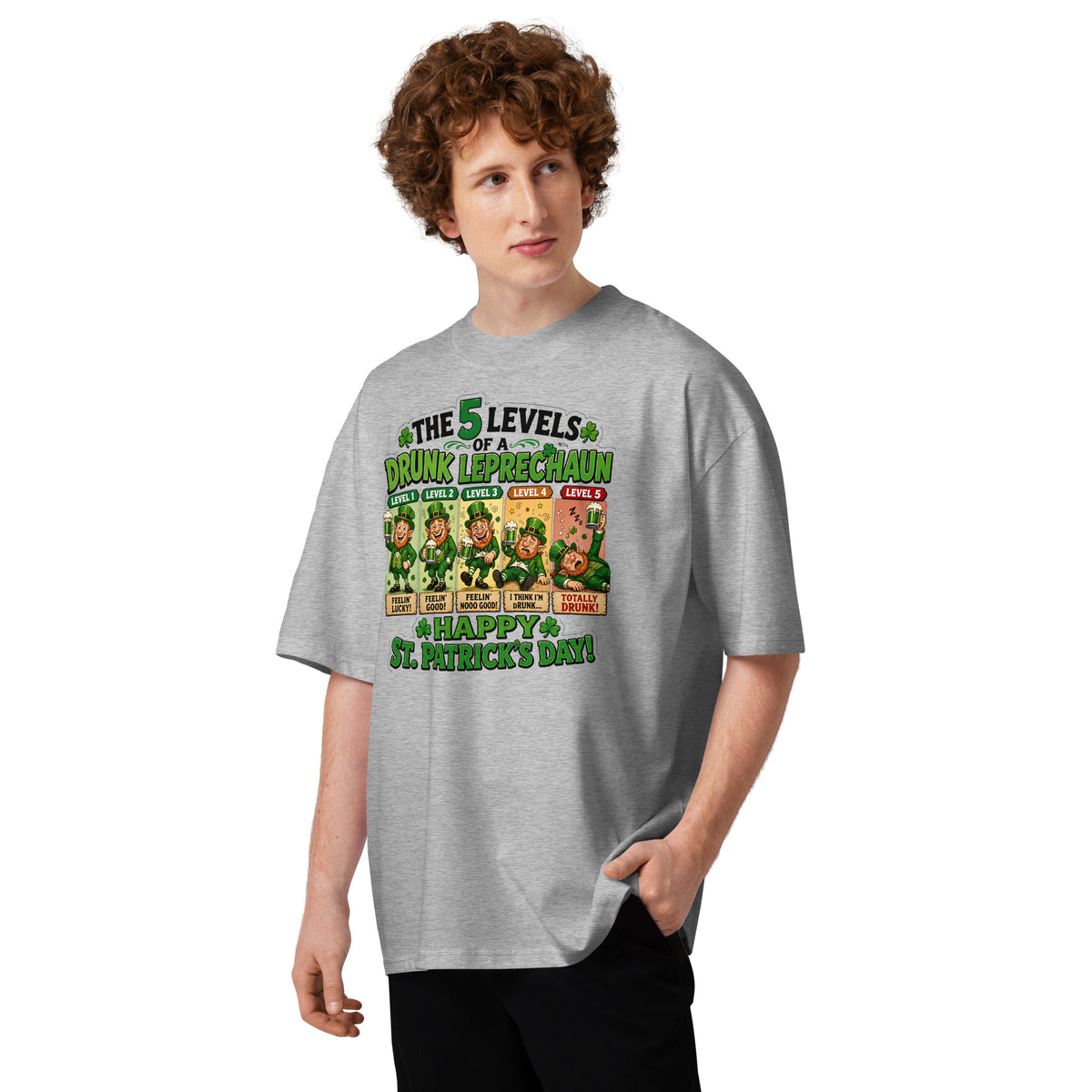 Five Levels of Leprechaun Unisex organic oversized high neck t-shirt — Heather Grey — front