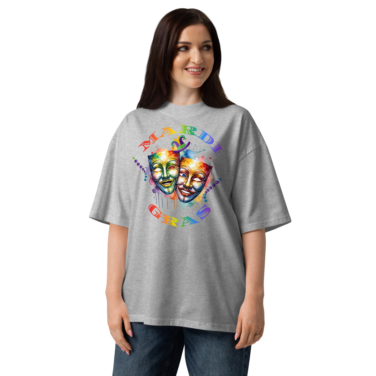 Mardi Gras Masks Unisex organic oversized high neck t-shirt — Heather Grey — front