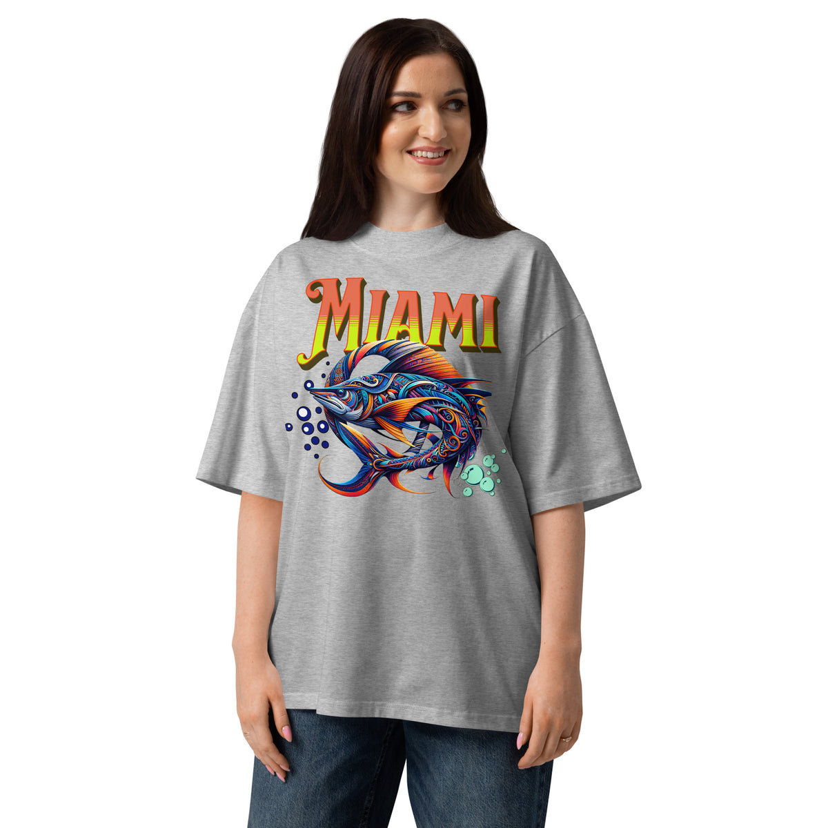 Miami Swordfish Unisex organic oversized high neck t-shirt — Heather Grey — front