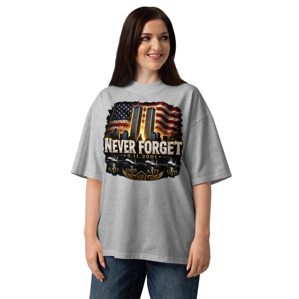 Never Forget 9/11 — Twin Towers Unisex organic oversized high neck t-shirt — Heather Grey — front