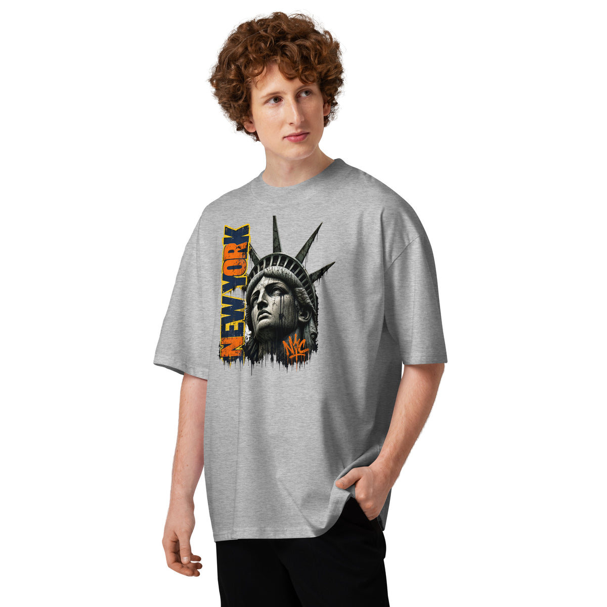 New York Grit Unisex organic oversized high neck t-shirt — Heather Grey — front
