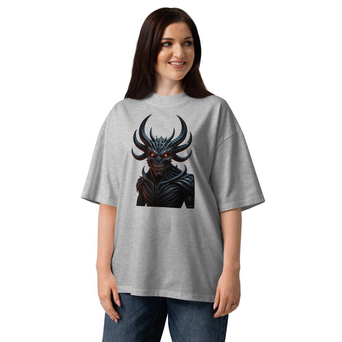 Nightmare King Unisex organic oversized high neck t-shirt — Heather Grey — front