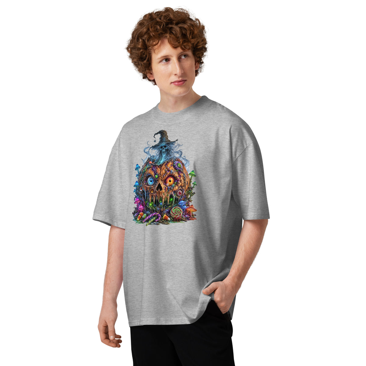 Pumpkin Horror Unisex organic oversized high neck t-shirt — Heather Grey — front