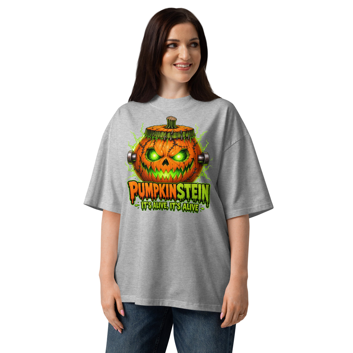 Pumpkinstein Unisex organic oversized high neck t-shirt — Heather Grey — front