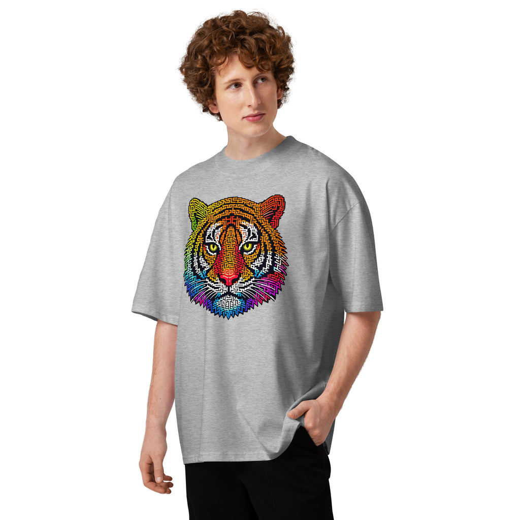 Rainbow Tiger Face Maze Unisex organic oversized high neck t-shirt — Heather Grey — front